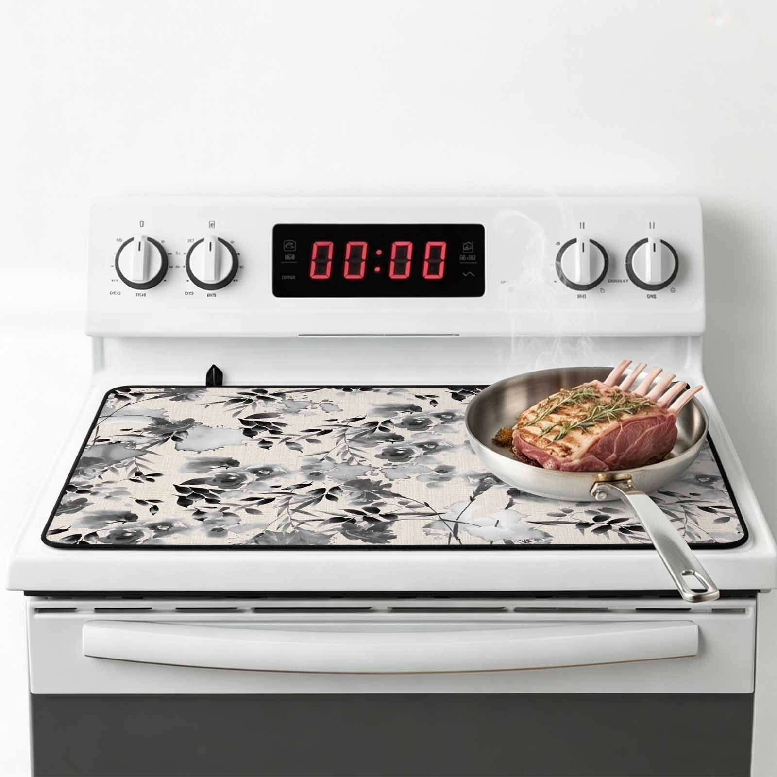 Black Grey Spring Floral Stove Top Cover for Electric Stove, Heat-proof & Non Slip Glass Top Stove Cover Protector, Summer Botanical Watercolor Rustic Kitchen Flat Cooktop Rubber Mat 24x21 Inches