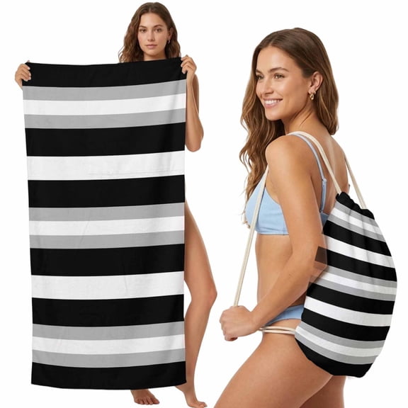 Black Grey Stripe 2-in-1 Beach Towel Backpack,Quick Dry Beach Towel Blanket Bag,Minimalist Farmhouse Striped Portable Bath Pool Yoga Swim Picnic Camping Towels Travel Essential 31.5x63 Inches