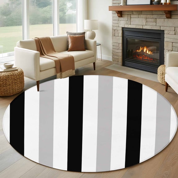 Black Grey Stripe 8' Round Rug for Open Concept Living Room Seating Zone, Classic Modern Washable Non Slip Large Circle Area Rug for Living Room Dining Room, Bathroom Accent, Entryway, Beside Bed