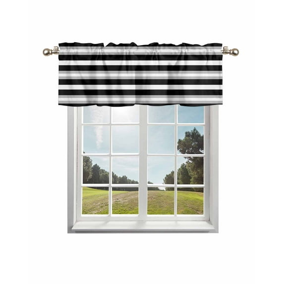 Black Grey Stripe Curtain Valance for Windows/Living Room/Kitchen/Bathroom/Café, Short Rod Pocket Tier Curtain Window Treatment Panel Minimalist Farmhouse Striped Topper Curtain 42''x18''