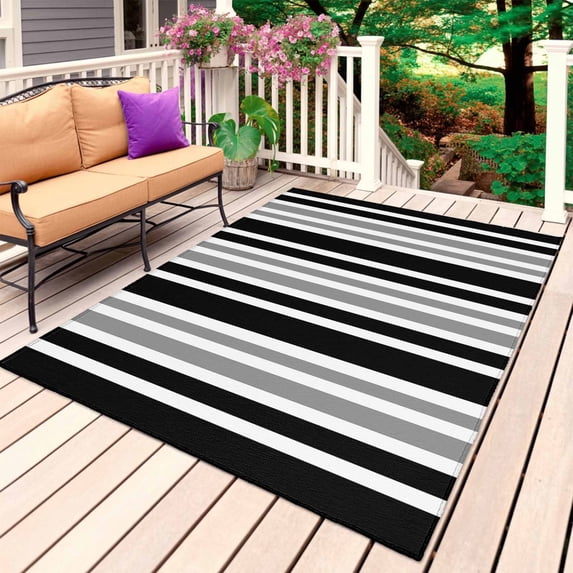 Black Grey Stripe Outdoor Rug for Patio/Deck/Porch, Non-Slip Large Area Rug 5 x 8 Ft, Farmhouse Minimalist Striped Indoor Outdoor Rugs Washable Area Rugs, Reversible Camping Rug Carpet Runner