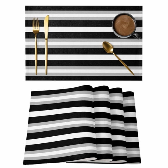 Black Grey Stripe Placemats Set of 4, Cotton Linen Fabric Place Mats, Minimalist Farmhouse Striped Washable Decorative Table Mats Protector for Home Kitchen Dining Wedding Party Coffee Tables