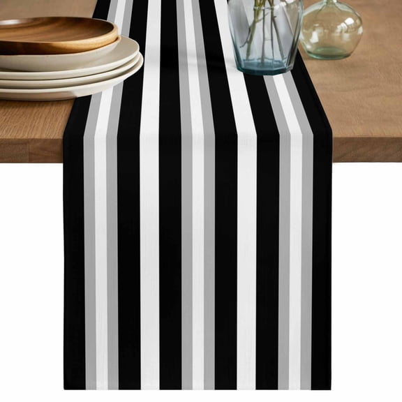 Black Grey Stripe Short Table Runner 36 Inches Long, Minimalist Farmhouse Striped Cotton Linen Table Runners Dresser Scarves, Fabric Tabletop Scarf Furniture Cover for Home Dinner Party Decor 13"x36"