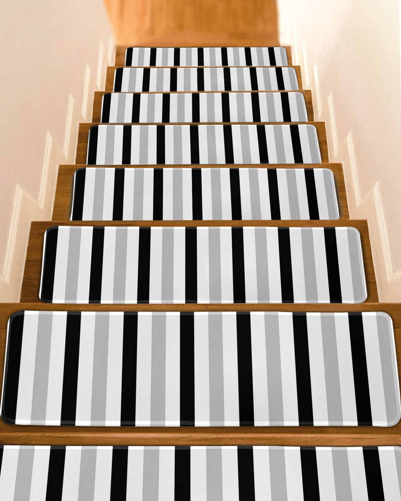 Black Grey Stripe Stair Treads Non Slip for Steps Classic Modern 4 Pcs ...
