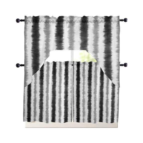 Black Grey Striped Kitchen Curtains Set for Windows 3 Piece Cafe ...