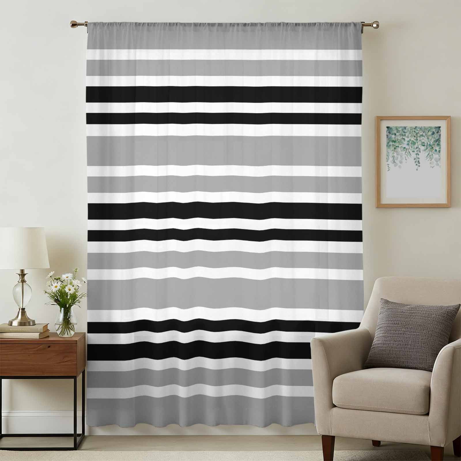 Black Grey Striped Sheer Curtains 54 Inches Long, Horizontal Lines ...