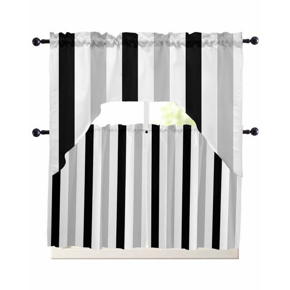 Black Grey Stripes Kitchen Curtains Set for Windows 3 Piece Cafe ...