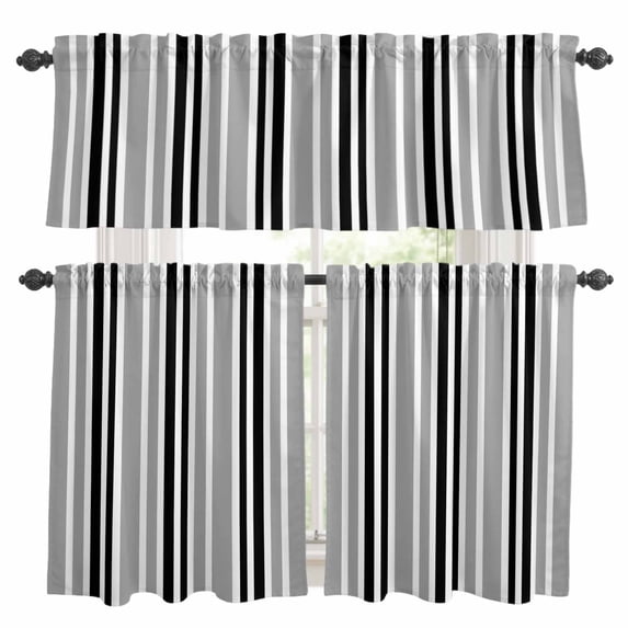 Black Grey Stripes Kitchen Curtains Sets for Windows 36 Inch Length, Simple Striped Lines Minimalist Modern Rod Pocket Window Treatments Tier Curtains and Valances Set for Bedroom/Bathroom