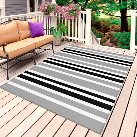 Black Grey Stripes Outdoor Rug for Patio/Deck/Porch, Non-Slip Large Area Rug 5 x 7 Ft, Simple Striped Lines Minimalist Modern Indoor Outdoor Rugs Washable Area Rugs, Camping Rug Carpet Runner