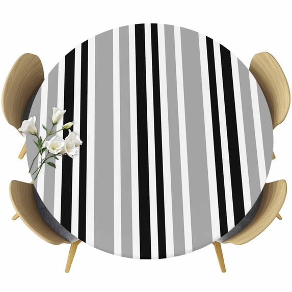 Black Grey Stripes Round Tablecloth, Fitted Table Cover with Elastic for 55"-60" Round Tables, Simple Striped Lines Minimalist Modern Table Cloth Outdoor Indoor Dinning Party Waterproof Tablecloths