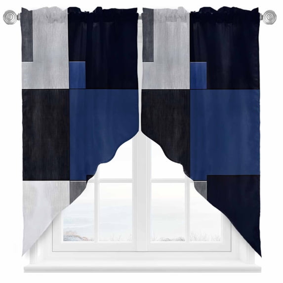 Black Grey Swag Curtain Valance for Windows, Blue Geometric Abstract Color Block Modern Art Window Treatments Short Swag Topper for Kitchen Windows Bathroom Bedroom, 36"x63"