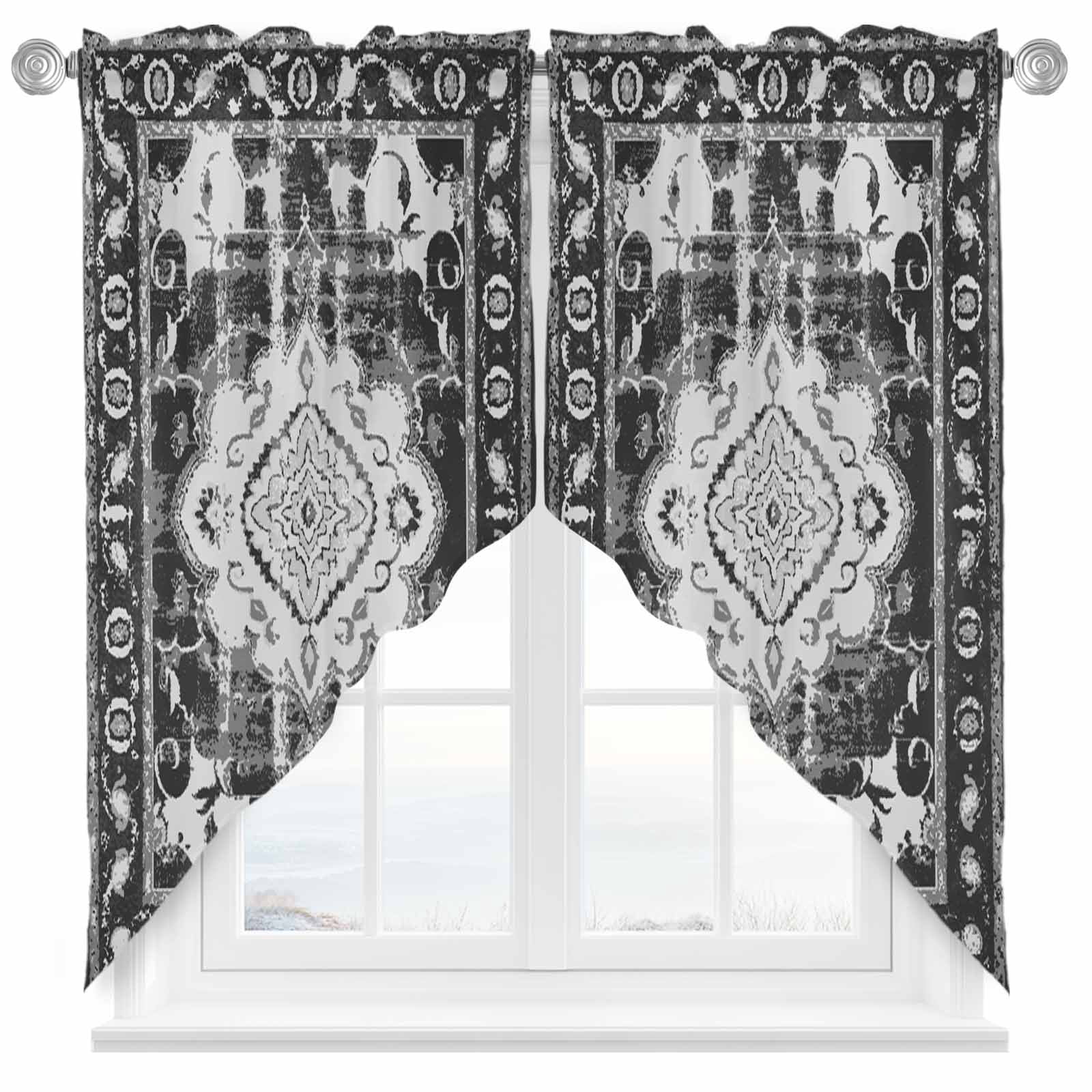 Black Grey Swag Curtains Boho Vintage Print Distressed Brick Patterns ...