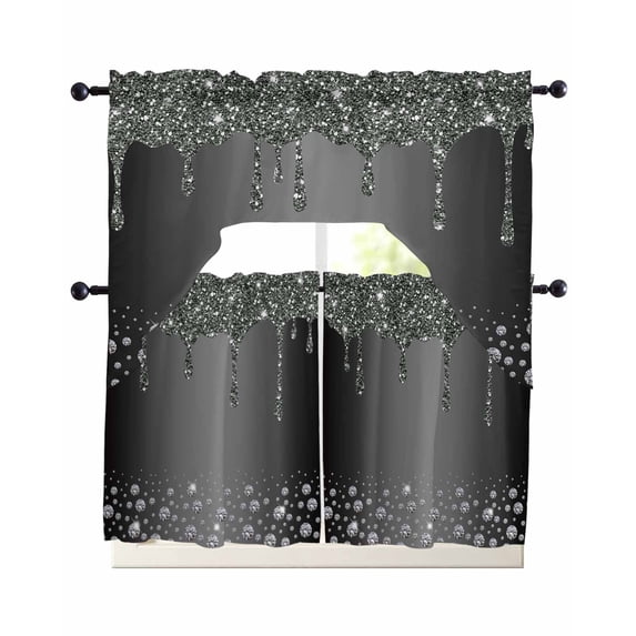 Black Grey Swag Kitchen Curtains Sets for Windows 24 Inch Length, Modern Abstract Diamond Luxury Gradient Short Window Curtain Panels Swags Valances and Tiers 3 Piece Set for Cafe/Dining Room
