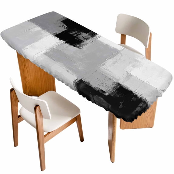 Black Grey Table Cloths for 8 Foot Rectangle Tables, Abstract Geometric Color Block Oil Painting Patio Waterproof Elastic Fitted Tablecloths, Washable Rectangular Table Cover for Camping