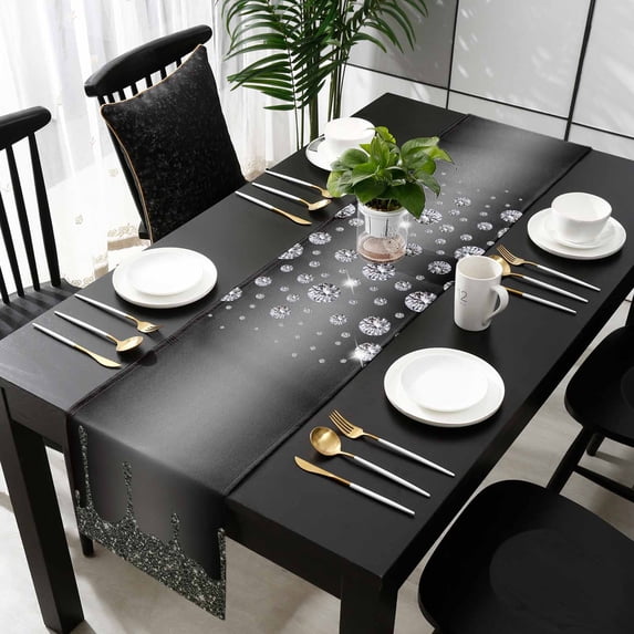 Black Grey Table Runner 120 Inches Long, Modern Abstract Diamond Luxury Gradient Kitchen Dining Burlap Linen Tablerunner for Small/Round/Square/Wedding/Coffee/Dining Table Party Home Décor 13 x 120