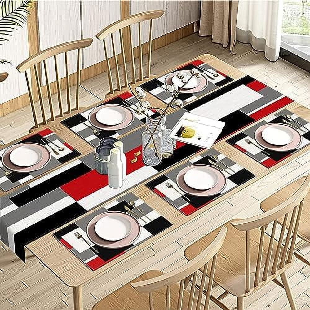Black Grey Table Runner and Placemats Set of 6 Modern Geometric