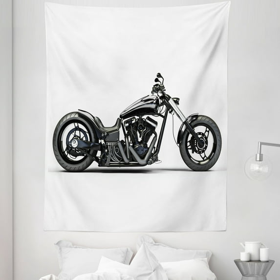 Black Grey Tapestry, Custom Motorcycle Horsepower Adventurous Journey Freedom Ride Masculine Vehicle, Fabric Wall Hanging Decor for Bedroom Living Room Dorm, 5 Sizes, Grey Black White, by Ambesonne