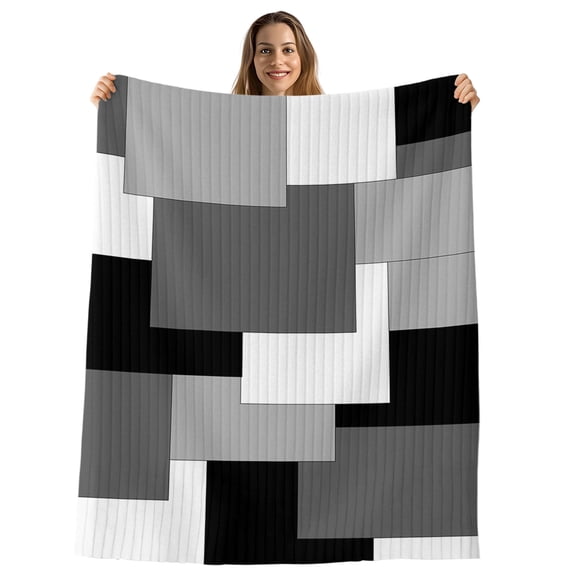 Black Grey Throw Blanket, Flannel Fleece Blanket with Striped Design for Couch, Middle Century Irregular Geo Abstract Art Soft Breathable All Season Plush Blankets for Sofa Office Chair 30"x40"
