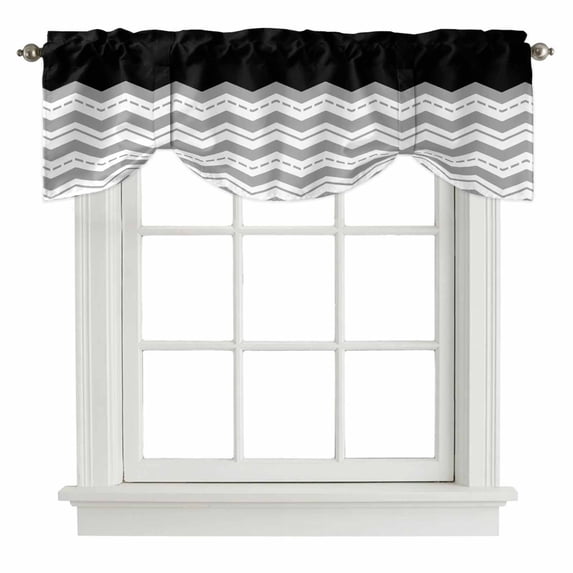 Black Grey Tie Up Valance Curtains for Windows, Kitchen Curtains Window Treatments, Geometric Chevron Print Wavy Striped White Short Window Shades Valances for Bedroom Bathroom Cafe 42"x18"