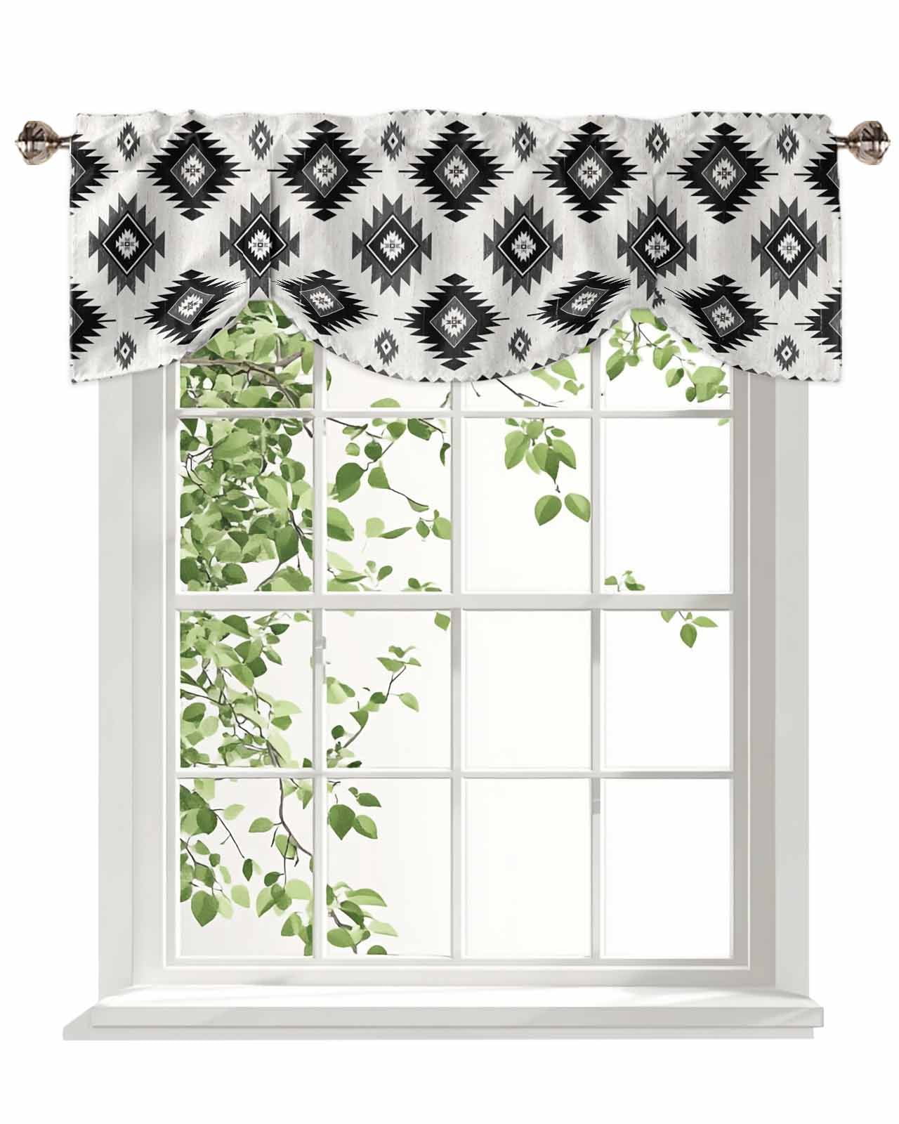 Black Grey Tie Up Valances Curtain, Adjustable Kitchen Aztec Ethnic Southwestern Native Geometric Valances for Windows Decor, Rod Pocket Short Curtains Set for Bedroom/Bathroom, 60"x18"