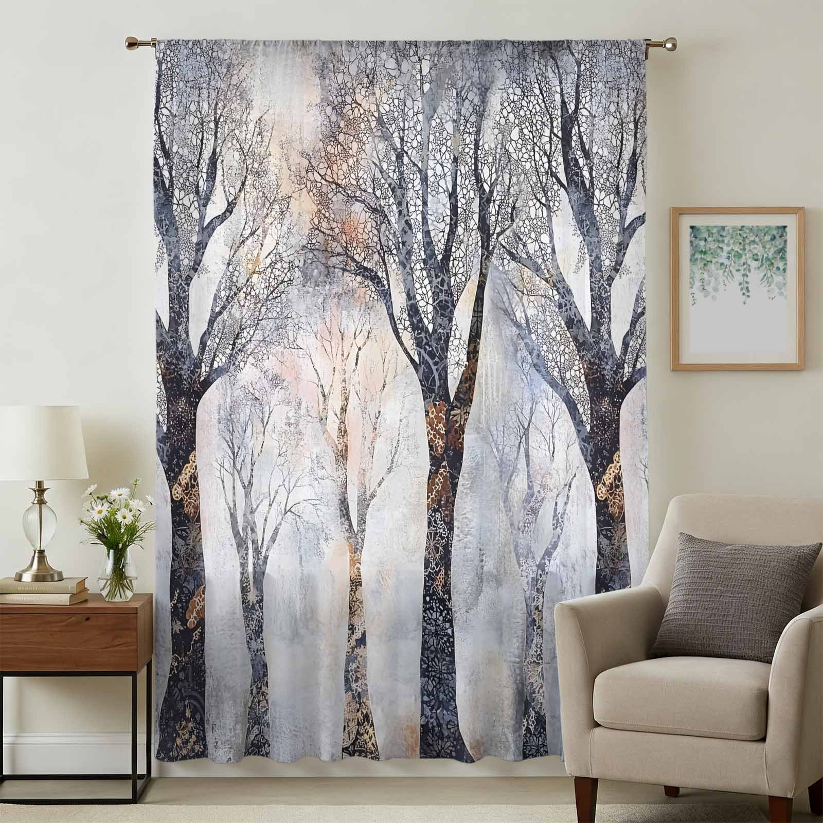 Black Grey Tree Sheer Curtains 63 Inches Long, Vintage Abstract Boho ...