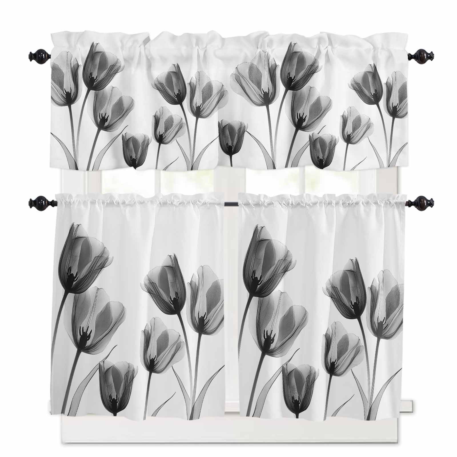 Black Grey Tulip Kitchen Curtains Set for Windows 3 Pieces,36 Inch