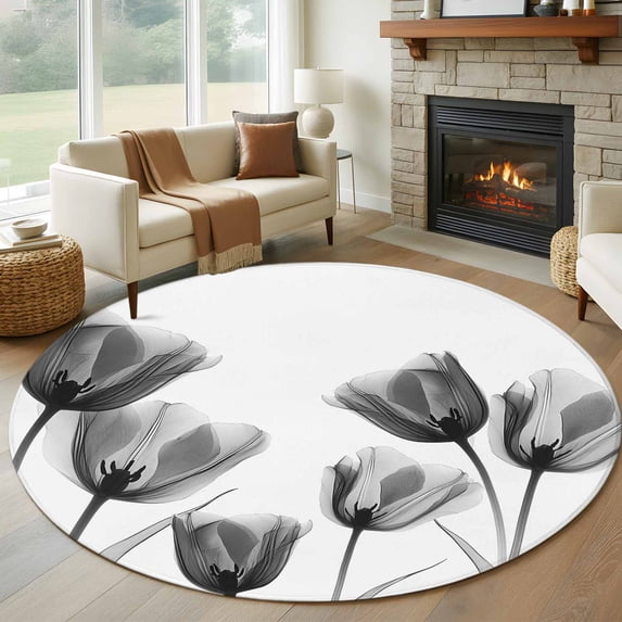 Black Grey Tulip Round Area Rug 5 FT, Non Slip Bedroom Rugs, Flower Floral Modern Minimalist White Washable Soft Circular Carpet Non-Shedding Floor Mat for Kitchen Dining Room Foyer Balcony Dorm
