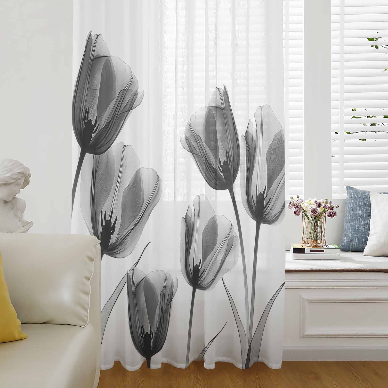 Black Grey Tulip Window Curtain 108 Inches Long,Flower Floral Modern