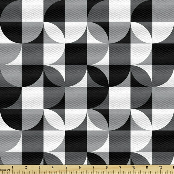 Ambesonne Black and Grey Fabric by the Yard Upholstery, Greyscale Circle, 2 Yards, Black Grey White