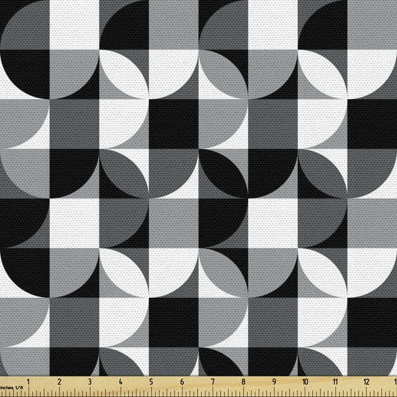 Black and Grey Upholstery Fabric by the Yard, Checkered Squares Pattern Circular Motifs Contemporary Style Shapes, Decorative Fabric for DIY and Home Accents, 10 Yards, Black Grey White by Ambesonne