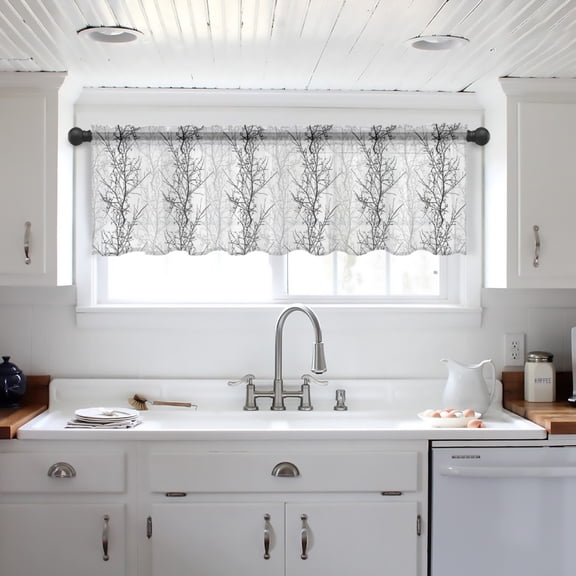 Black Grey Valance Curtains for Kitchen/Living Room/Bathroom/Bedroom Window, Pastoral Botanical Branch Aesthetics Rod Pocket Small Topper Half Short Window Curtains Voile Sheer Scarf 54"x18"