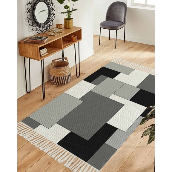 Black Grey Washable Area Rug 3'x5', Middle Century Irregular Geo Abstract Art Woven Cotton Tassels Kitchen Rugs, Non Slip Indoor Door Mat Throw Carpet for Entryway Living Room Nursery Laundry Room