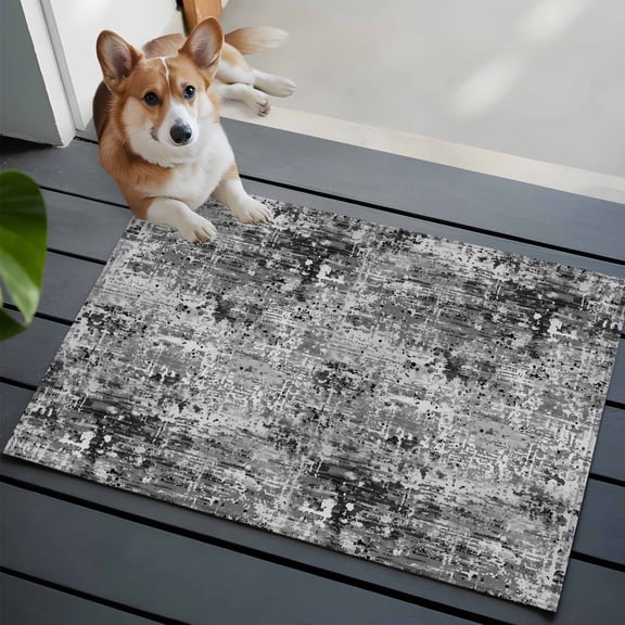 Black Grey Washable Entry Rug 2x3 Abstract Modern Boho Mottled Vintage Low Pile Indoor Door Mat with Rubber Backing Thin Area Rug for for Entrance, Bedroom, Kitchen, Laundry, Bathroom