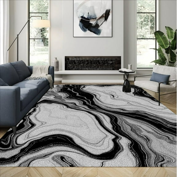 Black Grey Wave Modern Abstract Marble Texture Carpet High End Atmosphere For Livingroom Bedroom Stain Resistant Super Soft Area Rug Distitive Art Design Deco Home Office Rugs 1x2ft
