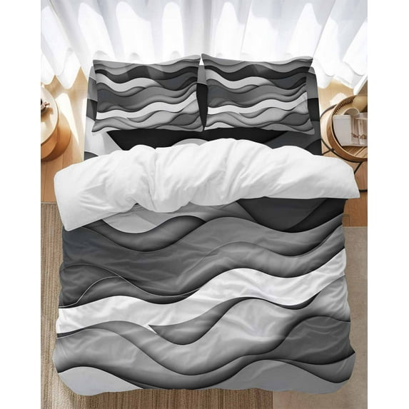 Black Grey Waves Bedding Duvet Cover Set Twin Size 4 Pieces Abstract Water Ripple Modern Gradient Bedding Set with Zipper Closure, 1 Comforter Cover 68x86 Inches 1 Flat Sheet & 2 Pillow Cases