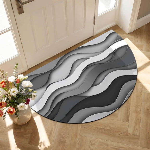 Black Grey Waves Half Circle Door Mat Front Door Mat, Abstract Water Ripple Modern Gradient Non Slip Washable Doormats Entrance Rugs Absorbent Welcome Low Profile Floor Mats for Indoor, 16" x 24"