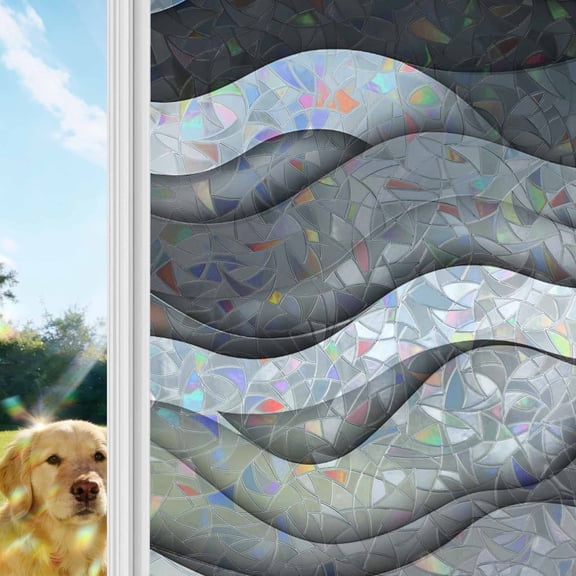 Black Grey Waves Rainbow Window Privacy Film, Abstract Water Ripple Modern Gradient Stained Glass Window Film, Sun Blocking Glass Clings Static Cling Non Adhesive Door Stickers 19.6 x 39.3 Inches
