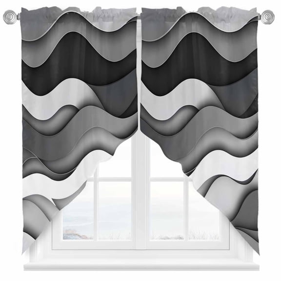 Black Grey Waves Swag Valances for Windows 2 Pack Abstract Water Ripple Modern Gradient Swag Kitchen Curtains 36 Inches Long Rod Pocket Short Window Treatment for Kitchen Bathroom 28"x36"