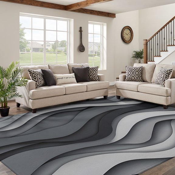 Black Grey White Abstract Waves Living Room Area Rug 6x9ft, Washable Non-Slip Low Pile Rug Gradient Shape Soft Non-Slip Carpet, Indoor Carpet for Entryway Bedside Dorm