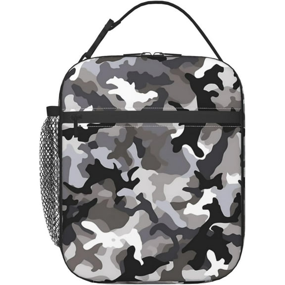 Black Grey White Camo print Lunch Bag Insulated Lunch Box for Women Reusable Lunch Box Cooler Tote Bag for Work Picnic Travel