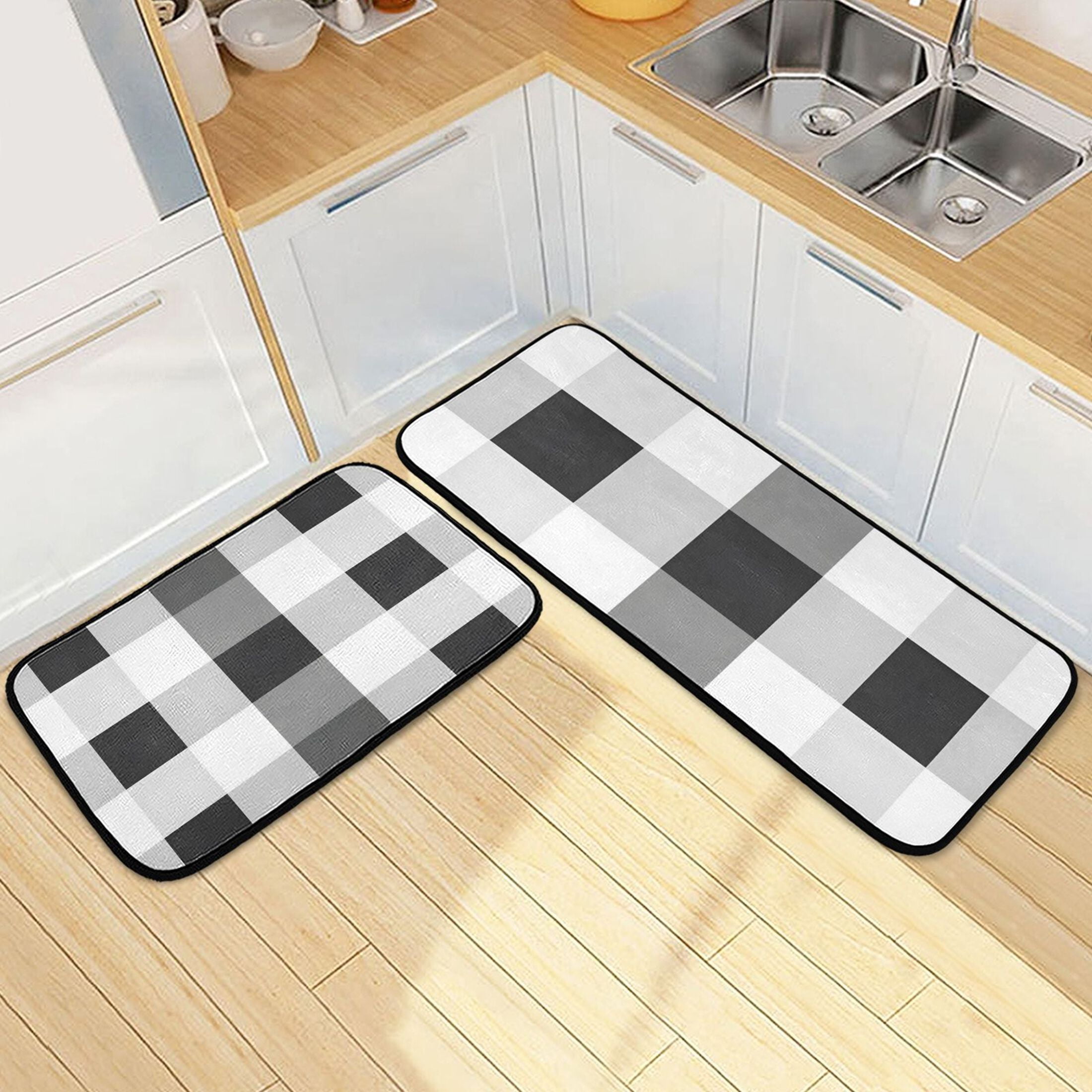 Black Grey White Checkered Pattern Kitchen Rugs Set Non Slip Mats ...