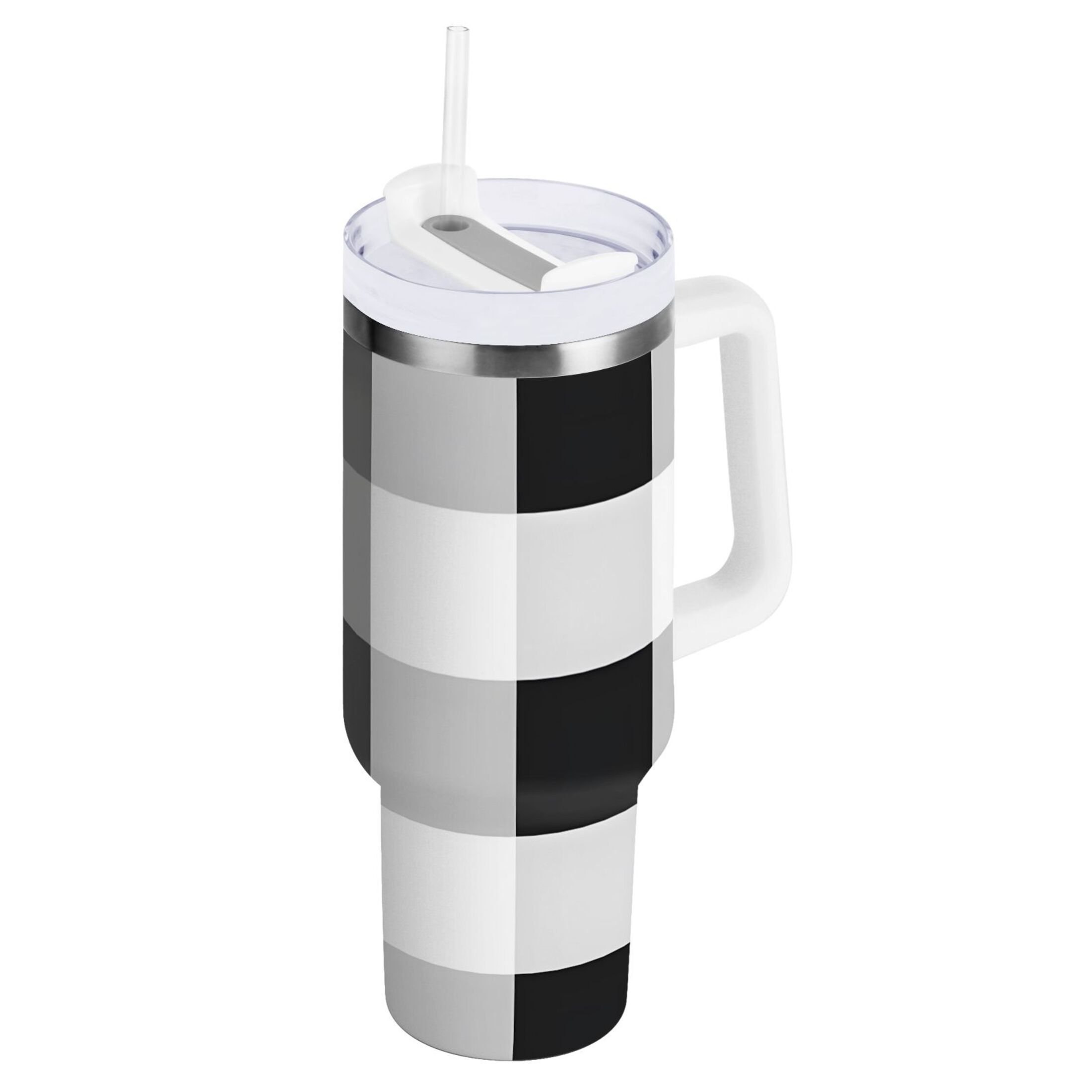 Black Grey White Checkered Pattern Tumbler with Handle and Straw ...
