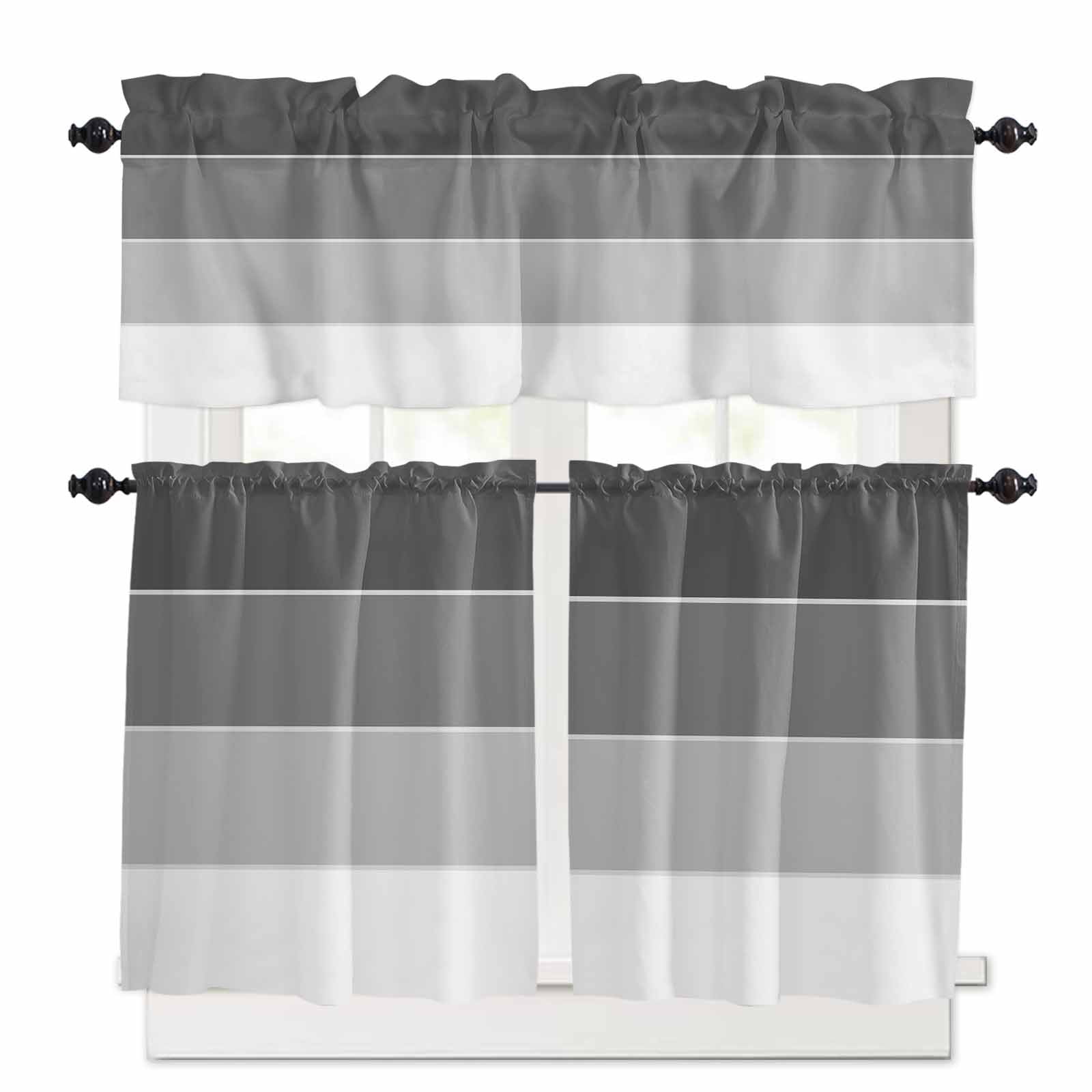 Black Grey White Kitchen Curtains Set for Windows 3 Pieces, 36 Inch