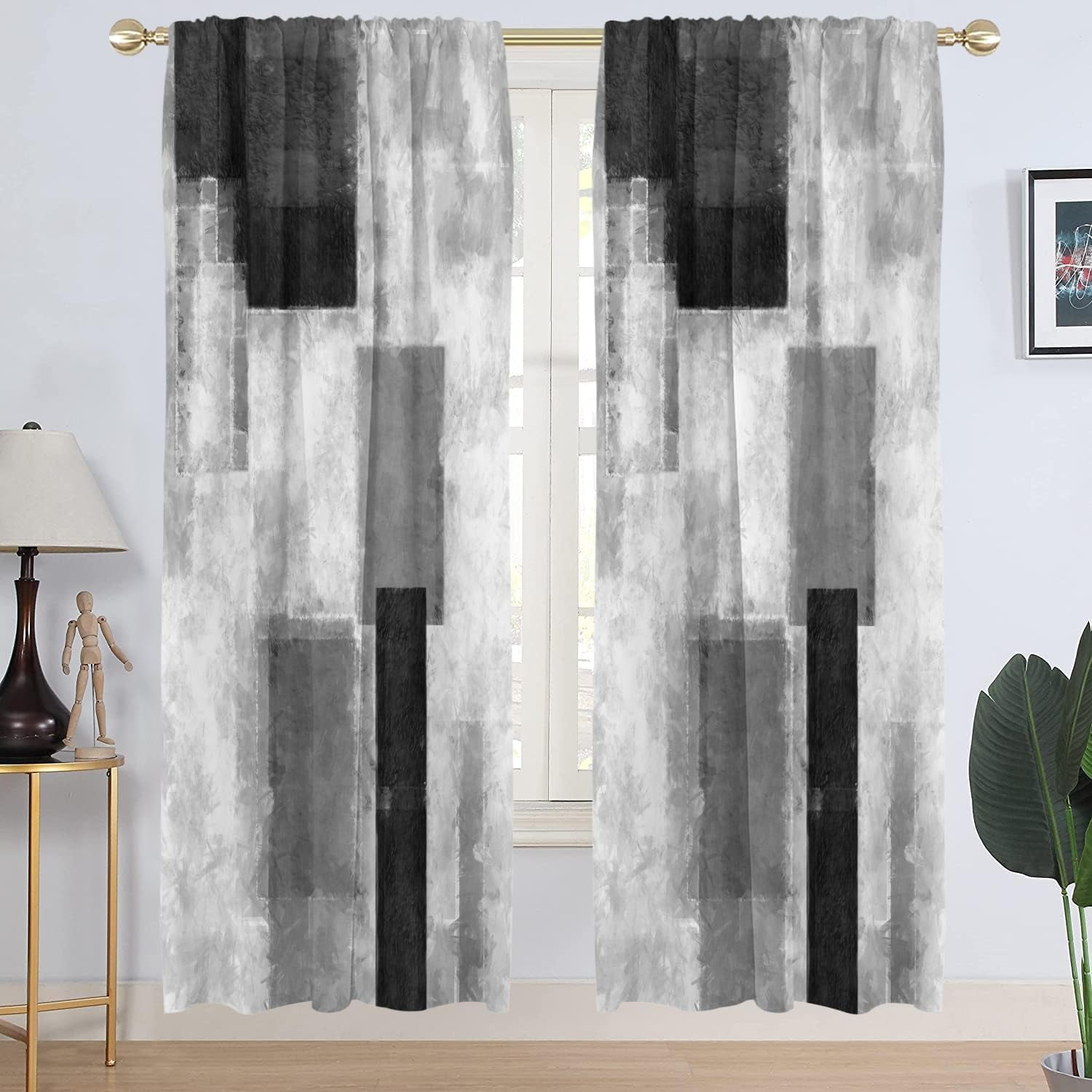 Black Grey and White Window Curtain Abstract Gray Geometric Aesthetic Silver Boys Minimalist Long Living Room Bedroom Drapes Treatment Fabric 1 Pair Home Decor, 42" W x 84" L, Modern