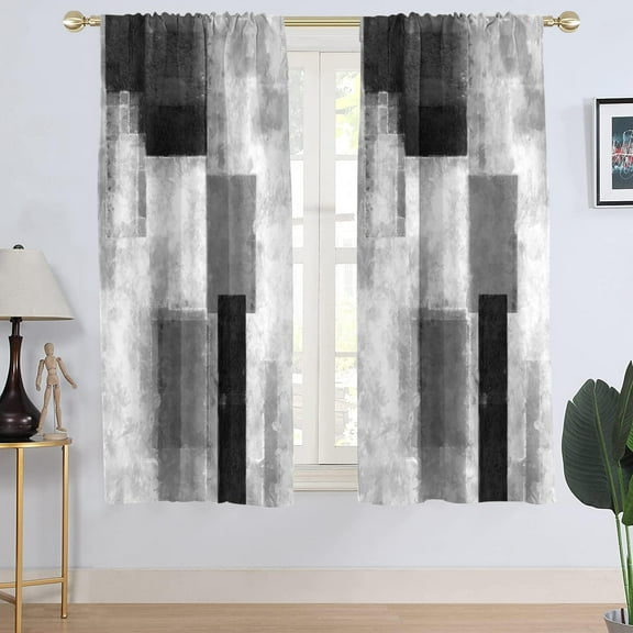 Black Grey and White Window Curtain Gray Abstract Geometric Silver Art Aesthetic Minimalist Boys Teen Living Room Bedroom Window Drapes Treatment Fabric 1 Pair Home Decor, 42" W x 63" L, Modern