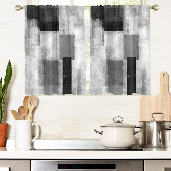 Black Grey and White Window Curtains for Kitchen Gray Art Abstract Aesthetic Small Short Home Living Room Bedroom Bathroom Drapes Treatment Tiers Fabric 1 Pair, 27.5" W x 39" L, Modern