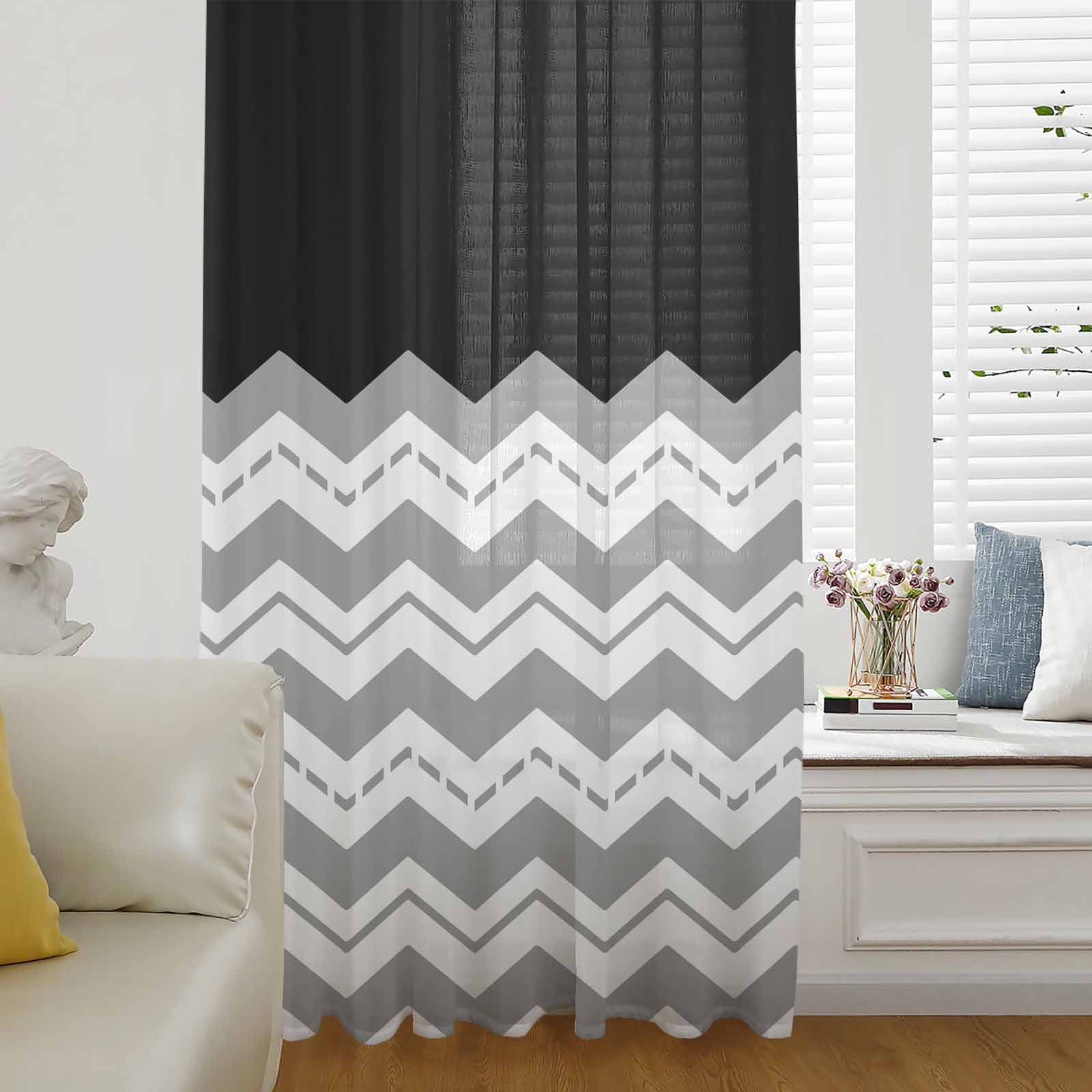 Black Grey Window Curtain 96 Inches Long,Geometric Chevron Print Wavy
