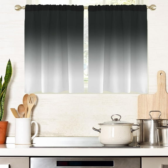 Black and Grey Window Curtains for Kitchen White Gray Ombre Mens Modern Gothic Art Small Short Home Living Room Bedroom Bathroom Drapes Treatment Tiers Fabric 1 Pair, 27.5" W x 39" L, Gradient