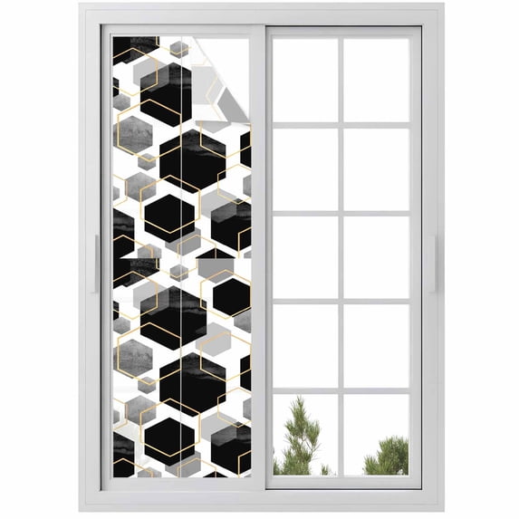 Black Grey Window Privacy Film, Geometric Gold White Hexagon Modern ...