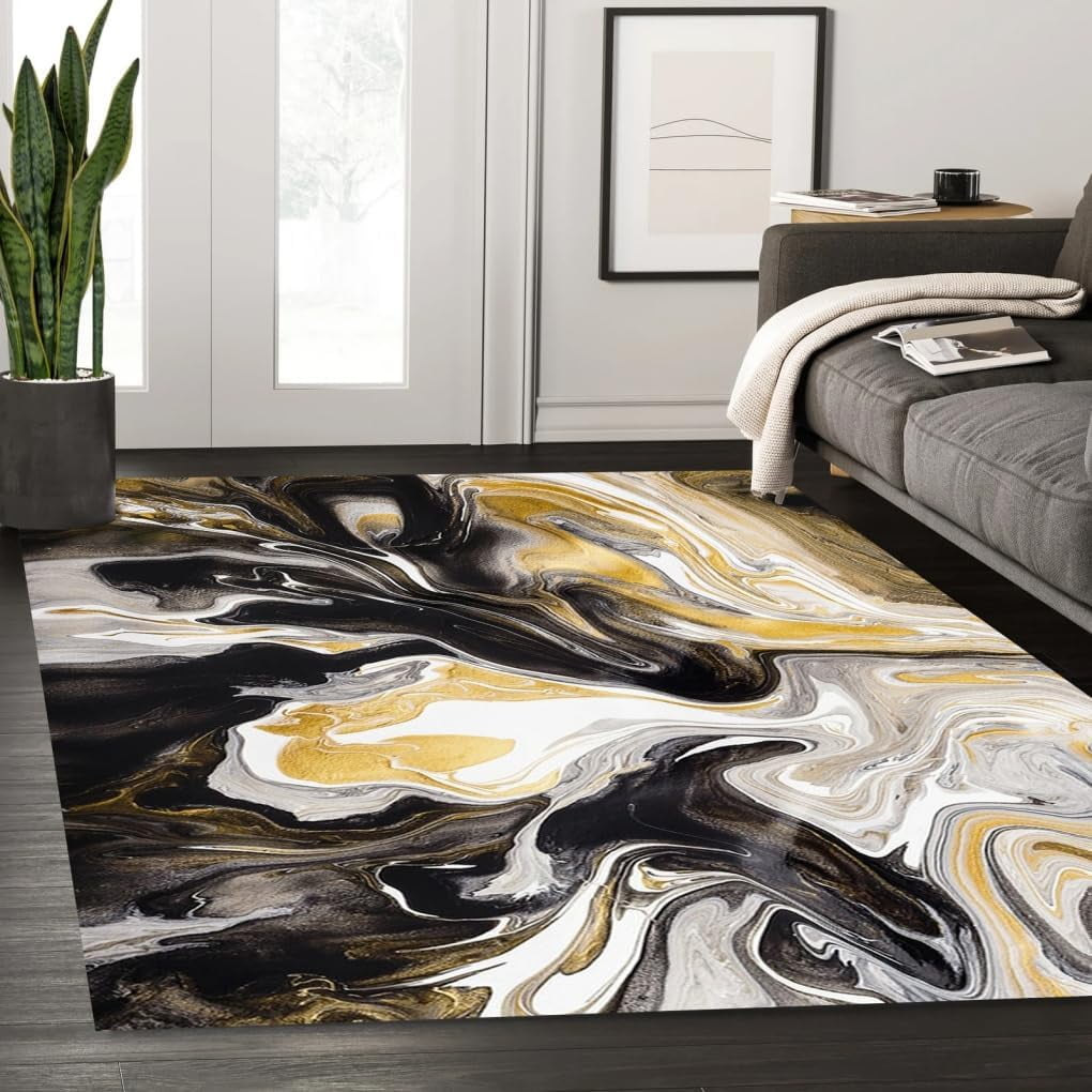 Aethics Rugs Black Grey Yellow Liquid Abstract Modern Marble Rugs For Living Room ...